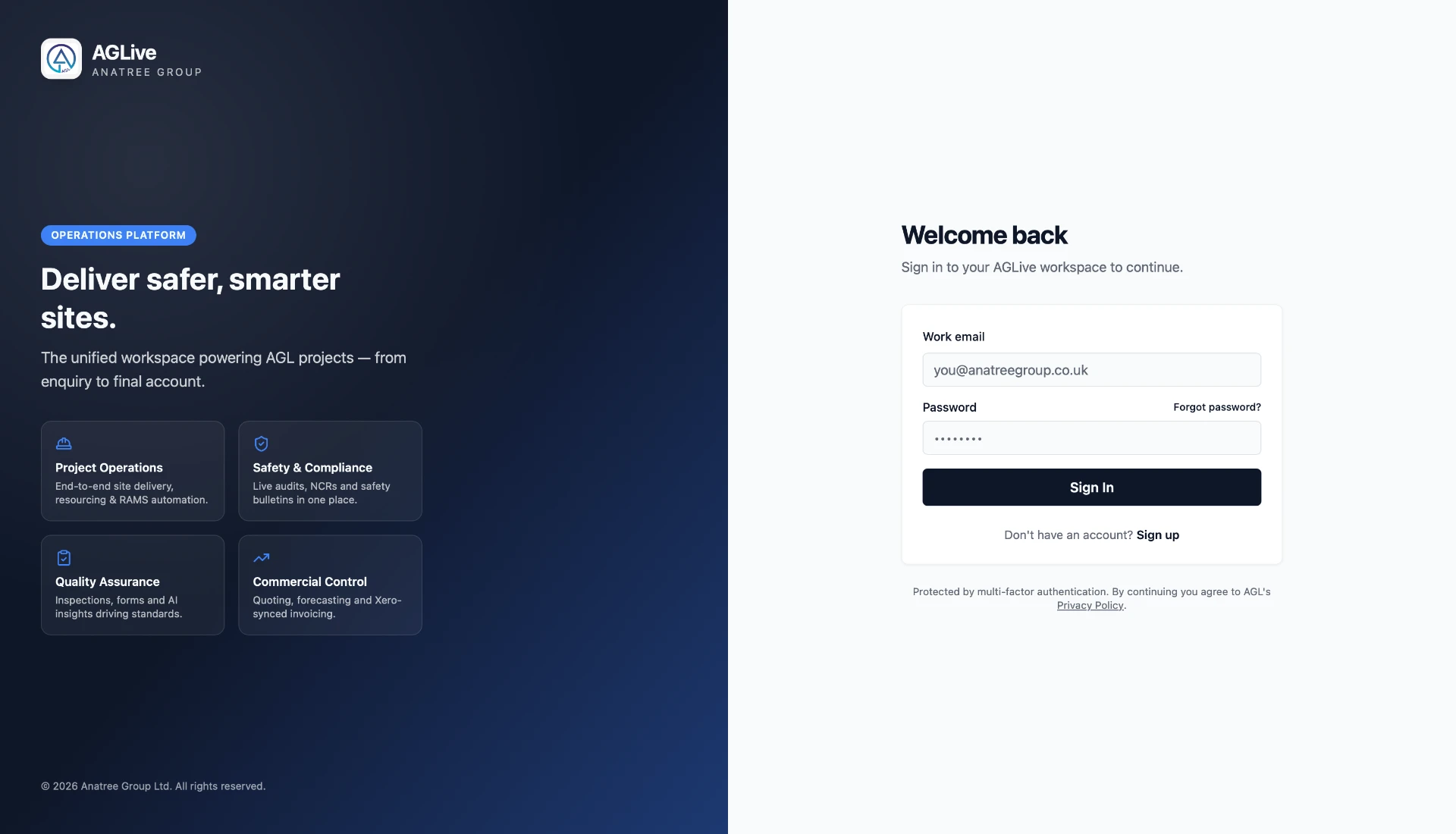 AGLive operations platform sign-in and feature overview